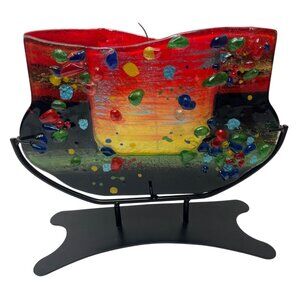 Jasmine Fused Art Glass Vase On Metal Stand W/ Colorful Abstract Pebble Design